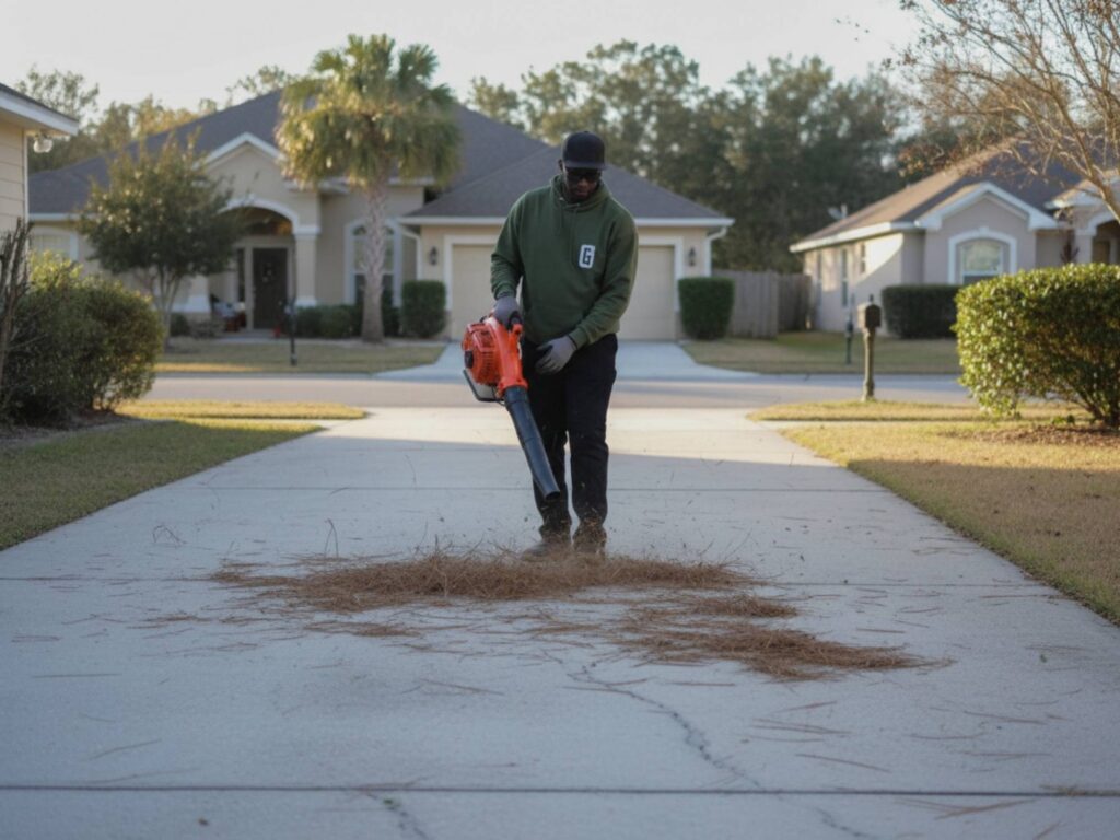 Lawn care professional blowing pine needles off residential driveway