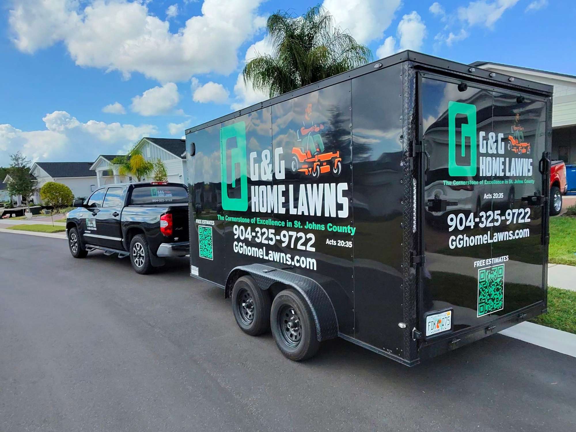 G&G Home Lawns truck and trailer parked in residential neighborhood in St. Augustine, Florida
