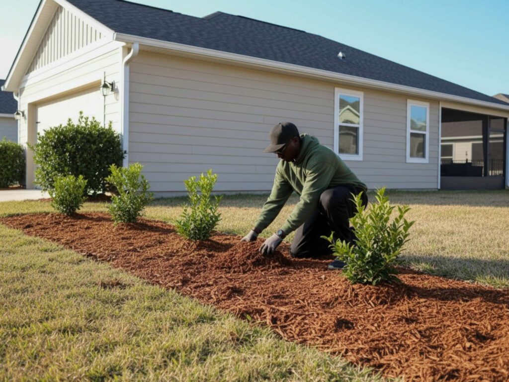 Lawn care professional spreading fresh mulch around shrubs in residential landscape bed