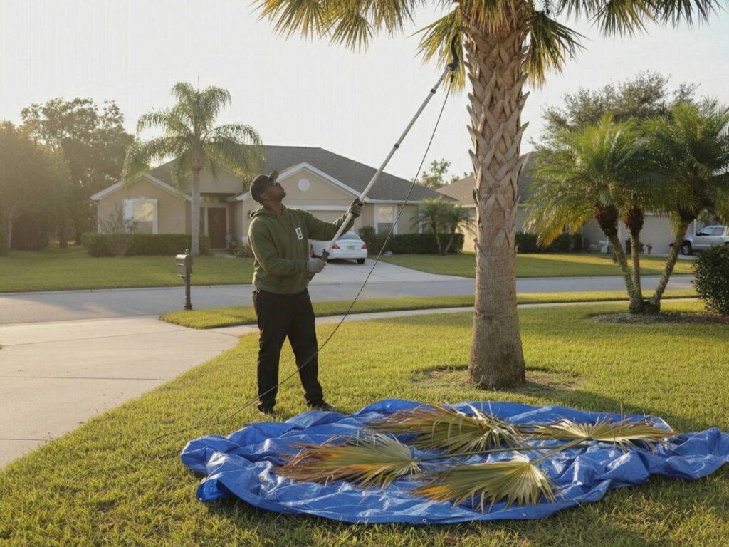 Lawn care professional trimming palm tree with pole saw in front yard