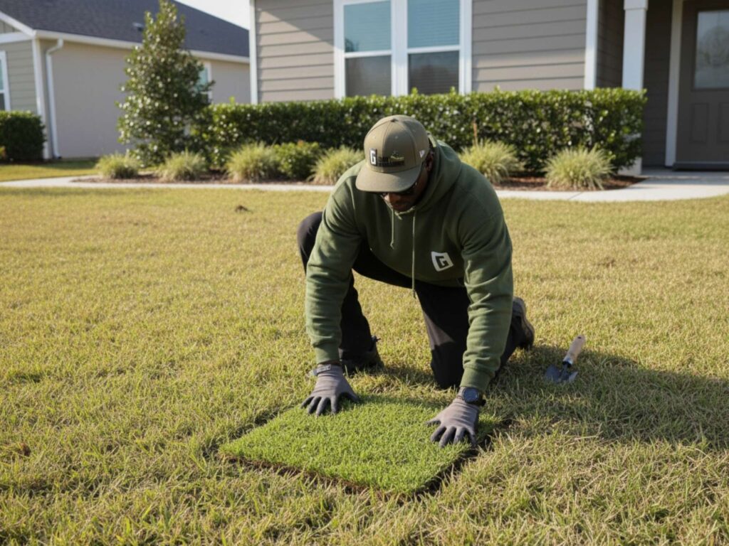 G&G Home Lawns team member carefully placing new sod to restore damaged turf and create a healthy, seamless lawn.